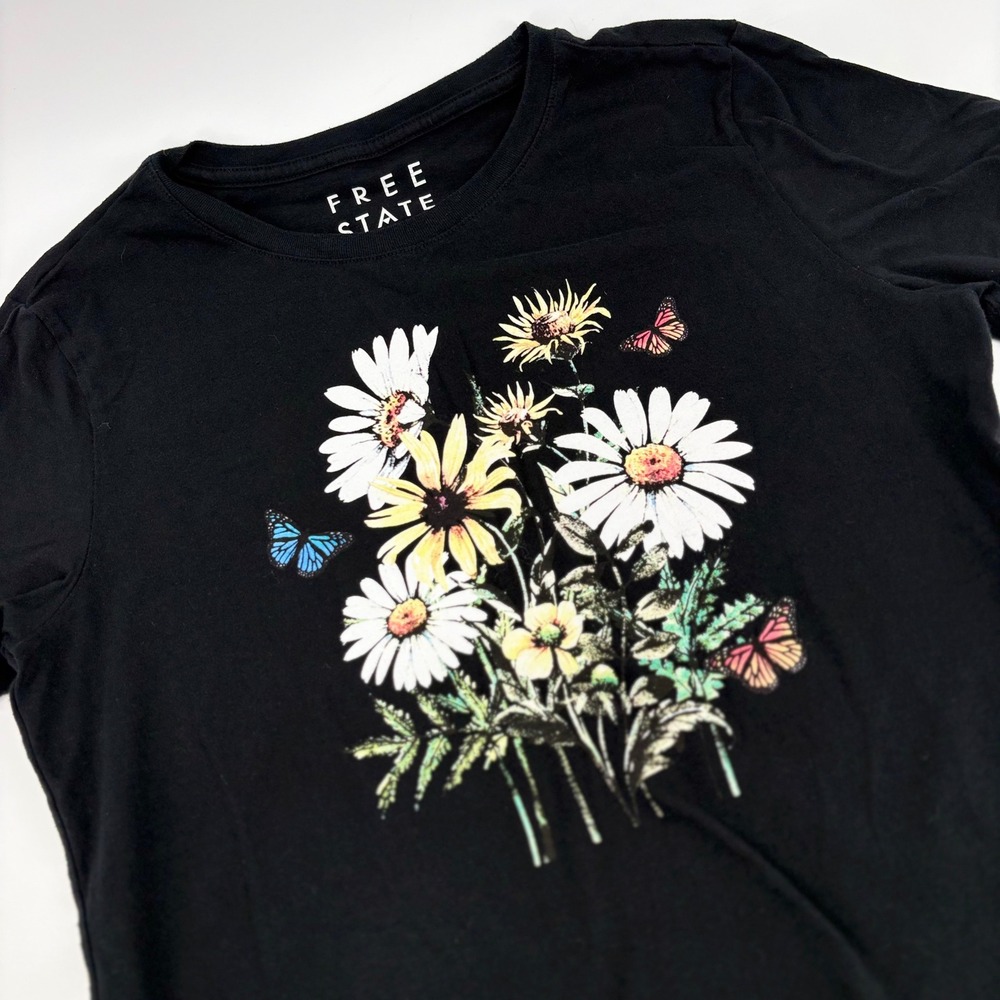 Free State Floral Butterfly Graphic T-Shirt XL Black Short Sleeve Crew Neck